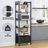 Furologee 6-Tier Industrial Bookshelf with 2 Drawers - Black Oak Tall Bookcase for Home Office and Bedroom Furologee