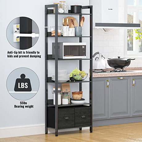 Furologee 6-Tier Industrial Bookshelf with 2 Drawers - Black Oak Tall Bookcase for Home Office and Bedroom Furologee