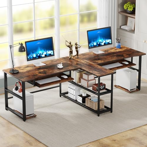 Tribesigns 94.5 inch Two Person Desk with Keyboard Tray, Extra Long Home Office Desk with Storage Shelves and Hooks, Double Computer Desk Workstation Study Table for Two People - WoodArtSupply