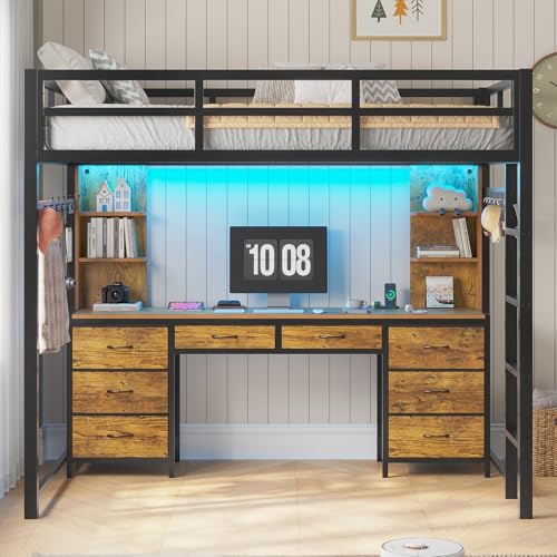 ADORNEVE Full Size Loft Bed with Desk and 8 Storage Drawers, Metal Loft Beds Full with LED Lights & Charging Sation, Heavy Duty Loft Bed Frame with 6 Storage Shelves, Space-Saving, Rustic Brown ADORNEVE