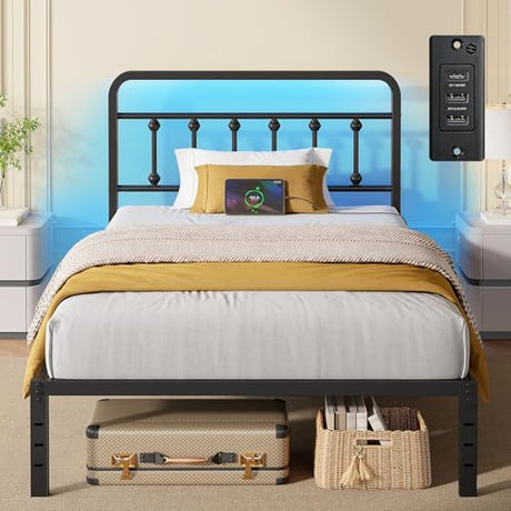Rolanstar Twin Bed Frame, 14 Inch Metal Platform with Headboard, Charging Station & LED Lights, Under Bed Storage, Heavy Duty, No Box Spring Needed, Easy Assembly, Black Rolanstar