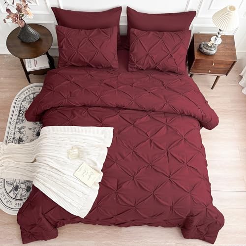 Maple&Stone Burgundy Comforter Set Queen, 7 Pieces Bed in a Bag Queen, Pintuck Bedding Sets with Comforter, Sheets, Pillowcases & Shams - Burgundy Maple&Stone