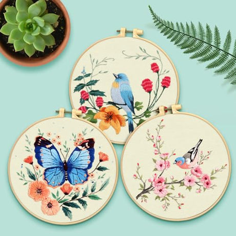 ERKOON 5 Sets Embroidery Kit for Beginners, Hummingbird Cross Stitch Set for Include Embroidery Cloth Hoops Threads for Craft Lover Hand Stitch (Hummingbird and Butterfly) ERKOON