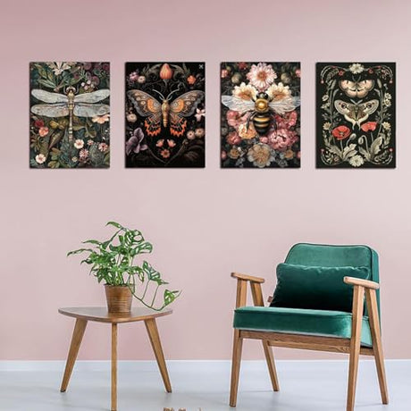 4 Pack Stamped Cross Stitch Kits for Adults - Cross Stitch Kits for Beginners,11 CT Insect Flowers Cross Stitch Patterns Dimensions DIY Counted Cross Stitch Kits for Adults Arts Craft 12x16 inch Tiwabb