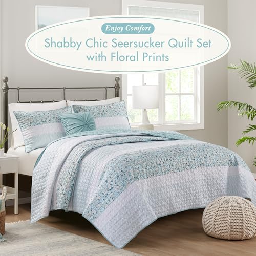 Madison Park Queen Quilt Set, Seersucker Floral Coverlet, All Season Lightweight Microfiber Bedding Quilt Set, Vermicelli Quilting Design, Throw Pillow, Caralie, Full/Queen Aqua 4 Piece Madison Park