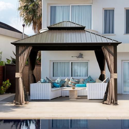 Domi Hardtop Gazebos 8x8FT, Aluminum Metal Gazebo with Galvanized Steel Double Roof Canopy, Curtain and Netting, Permanent Gazebo Pavilion for Patio, Backyard, Deck and Lawn, Brown domi outdoor living