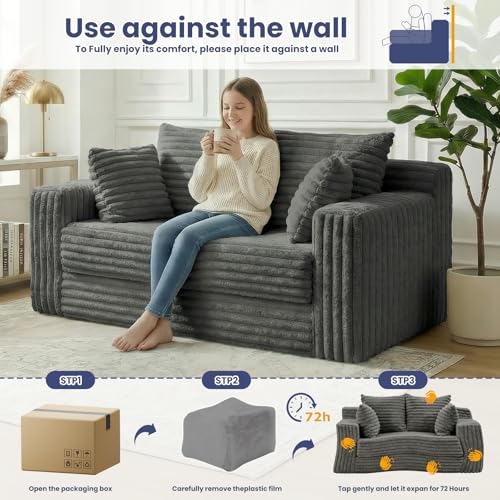 3-in-1 Convertible Sofa Bed: Boneless Loveseat Sleeper & Folding Couch Bed with 4 Pillows & Detachable Cushion, Furry Futon Couch for Bedroom, Apartment, Office and Living Room, No Assembly, Grey Winzoo