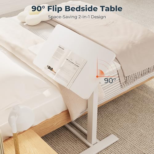 FitStand Medical Adjustable Overbed Bedside Table with Casters 90° Tilting Desktop Pneumatic Mobile Rolling Laptop Computer Standing Desk Cart with Tray, Hospital Table(31.5" W x 17.7" D, White) FitStand