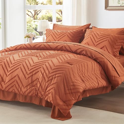 Anluoer Queen Comforter Set, Burnt Orange Tufted Bed in a Bag 7 Pieces with Comforter, 2 Pillow Shams, 2 Pillowcases, 1 Flat Sheet, 1 Fitted Sheet Anluoer