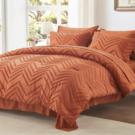 Anluoer Queen Comforter Set, Burnt Orange Tufted Bed in a Bag 7 Pieces with Comforter, 2 Pillow Shams, 2 Pillowcases, 1 Flat Sheet, 1 Fitted Sheet Anluoer