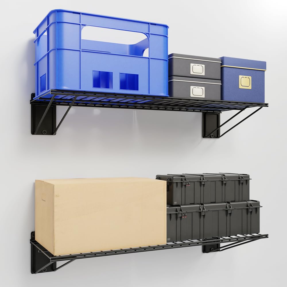 BELLO YON Wall Shelf 24'' x 11'' Garage Wall Mounted Storage Shelves, Heavy Duty Metal Wire Wall Shelving Storage Rack for Garage, Office, Basement, Max Load 90lb,Black, 2-Pack BELLO YON