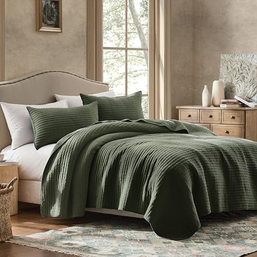 WDCOZY 100% Cotton King Size Quilt Set - Olive Green Striped Pick Stitch Soft Lightweight Bedspread, Textured Like Linen, Farmhouse Country Rustic Coverlet, Shabby Chic Gauze Bedding, 3 Pieces WDCOZY