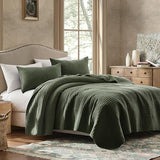 WDCOZY 100% Cotton King Size Quilt Set - Olive Green Striped Pick Stitch Soft Lightweight Bedspread, Textured Like Linen, Farmhouse Country Rustic Coverlet, Shabby Chic Gauze Bedding, 3 Pieces WDCOZY