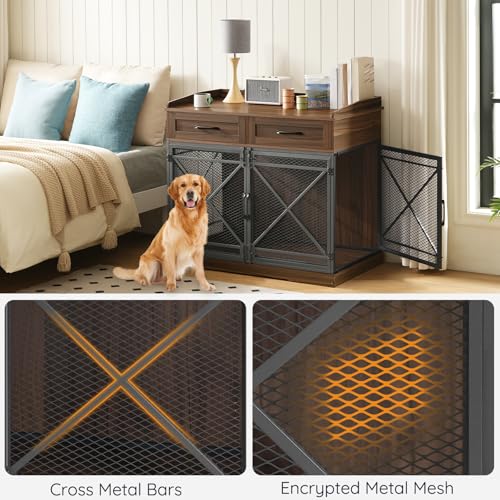 HOOBRO Heavy Duty Dog Crate Furniture, 39.4” Dog Kennel with Drawers, Wooden Dog Cage Indoor Side End Table for Medium Large Dogs, Triple Door Design, Walnut and Black WL106GW03 HOOBRO