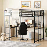 KMBOHE Full Size Loft Bed with Desk and Shelves, Metal Loft Bed with Ladder and Guardrails, Loft Bed Frame for Bedroom, Black KMBOHE