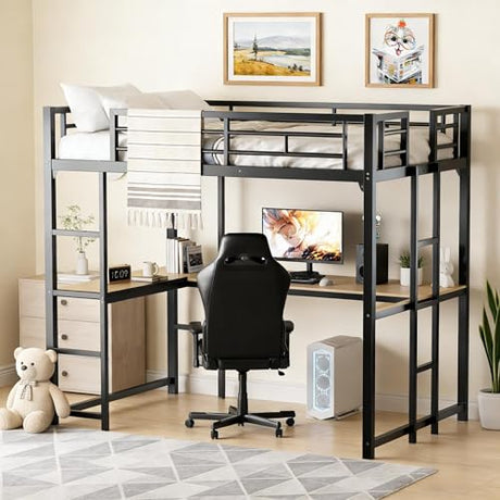 KMBOHE Full Size Loft Bed with Desk and Shelves, Metal Loft Bed with Ladder and Guardrails, Loft Bed Frame for Bedroom, Black KMBOHE