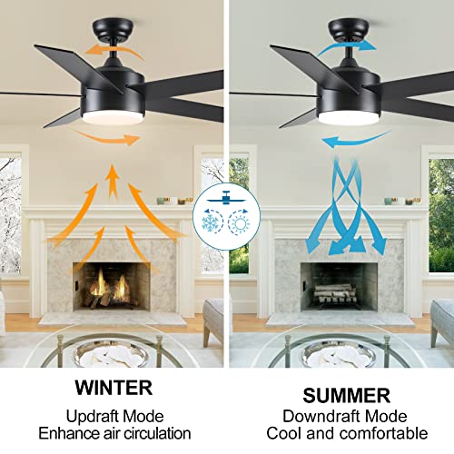 POCHFAN 52 inch Black Ceiling Fans with Lights and Remote Control, Dimmable 3-Color Temperatures LED Ceiling Fan, Wooden Quiet Reversible Modern Ceiling Fan for Bedroom, Living Room, Dining Room POCHFAN