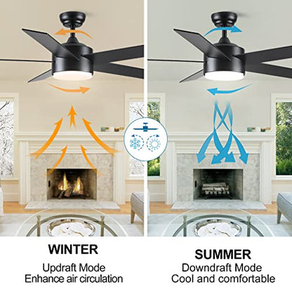 POCHFAN 52 inch Black Ceiling Fans with Lights and Remote Control, Dimmable 3-Color Temperatures LED Ceiling Fan, Wooden Quiet Reversible Modern Ceiling Fan for Bedroom, Living Room, Dining R - WoodArtSupply