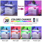 WelFurGeer High Glossy Night Stand, White LED Night Stand with Charger Station, Bedside Table with Drawers, Modern Nightstands, Wood Small Nightstand, Nightstands with Drawers for Bedroom WelFurGeer