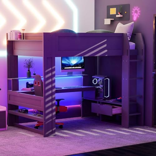 Urunqi Full Size Loft Bed with Gaming Desk, LED Lights, and Multi-Functional Storage Solutions - WoodArtSupply