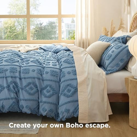 Bedsure Boho Duvet Cover King - Dusty Blue Tufted Boho Bedding, Farmhouse Shabby Chic Embroidery Bedding for All Seasons, 3 Pieces, 1 Soft Jacquard King Comforter Cover and 2 Pillow Shams Bedsure