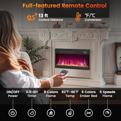 23'' Electric Fireplace Insert, SIMOE Recessed 1500W Fireplace with Multi-Color Flame & Crystal Ember Bed, 9H Timer, Thermostat & Overheat Protection, Remote Control, Fireplace Insert for TV Stand SIMOE