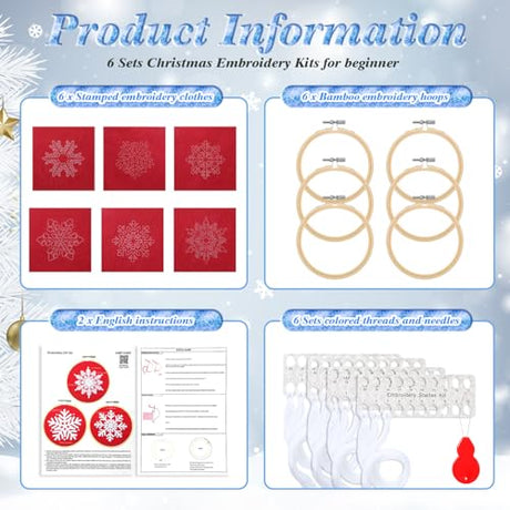 Roowest 6 Sets Winter Embroidery Kits for Beginners Adults Winter Snowflakes Cross Stitch Embroidery Ornament Kit DIY Craft Needlepoint Sets with Pattern Instructions Thread Needle Ribbon(Red) Roowest