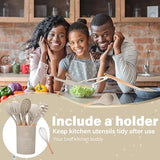 NCUE Kitchen Utensils Set with Holder, 26 pcs BPA Free Non-stick, Wooden Handle Heat Resistance Silicone Spatula Spoon Kitchen Gadgets Cooking Utensils Set (Khaki) NCUE