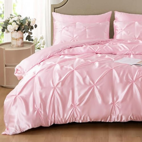Heywaller 5-Piece Pinch Pleat Duvet Cover Set, Pintuck Duvet Cover Full Size with Zipper, Light Pink Satin Duvet Cover Shabby Chic Bedding (2 Pillow Shams + 2 Pillowcases), No Comforter Heywaller