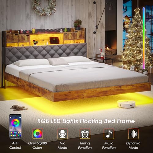 BYSAUD California King Bed Frame with LED Lights & Charging Station, Floating Bed Frame with Storage Headboard, Heavy Duty Metal Platform with Capacity of 1200 LBS, No Box Spring Needed, Grey BYSAUD