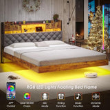 BYSAUD California King Bed Frame with LED Lights & Charging Station, Floating Bed Frame with Storage Headboard, Heavy Duty Metal Platform with Capacity of 1200 LBS, No Box Spring Needed, Grey BYSAUD