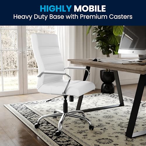 Flash Furniture Whitney High-Back Swivel LeatherSoft Desk Chair with Padded Seat and Armrests, Adjustable Height Padded Office Chair, White/Chrome Flash Furniture