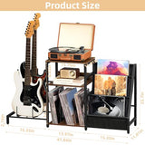 LELELINKY Record Player Stand, Adjustable Guitar Stand for Acoustic Guitar, Electric Guitar, Bass, Turntable Stand with Vinyl Display Shelf Storage Up to 150 Albums,Brown End Table for Music Room LELELINKY
