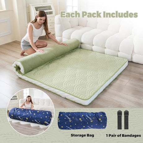 Zelladorra Japanese Floor Mattress, Quilted Futon Mattress with Anti-Slip Bottom, Foldable Floor Bed with Storage Bag and Straps, (Green, Queen) Zelladorra