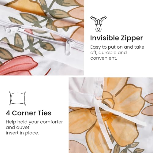 Mooreeke Floral Duvet Cover Twin Size, 2 Piece Pink & Yellow Flower Patterned Duvet Cover Set with Zipper Closure, Soft & Breathable Microfiber Bedding Set with 4 Corner Ties and 1 Pillow Sham Mooreeke