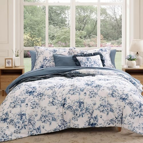 BLOOMHAVEN Queen Comforter Set -7 Pieces Floral Blue Comforter Set for All Seasons, Bed in a Bag Queen with Botanical Flowers Comforter, Sheets, Pillowcases & Shams BLOOMHAVEN