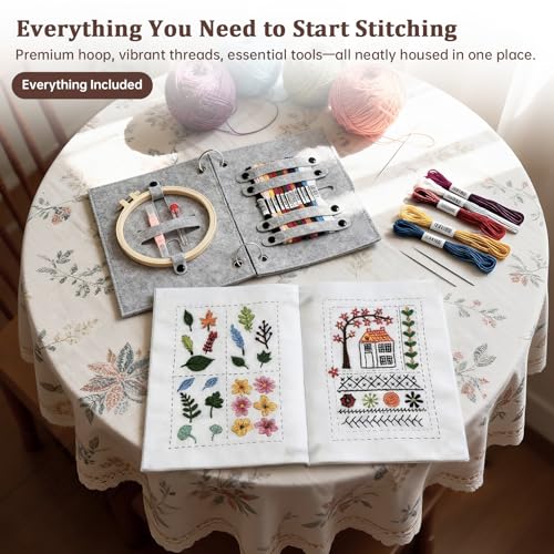Bmtbu 2026 Upgraded Embroidery Stitch Book Kit with 8.27"x10.65" Portable Loose-Leaf Cover, 6 Fabric Pages, Complete Toolkit, Easy Instructions & Video Tutorials. (Classic)