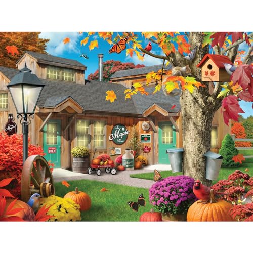 Bits and Pieces “The Maple House” Jigsaw Puzzle by Alan Giana - 300 & 500 pc Variants - 18" x 24" - Autumn Maple Syrup Store Scene, Recycled Chipboard, Random Die-Cut (500 Piece Puzzle) Bits and Pieces