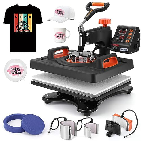 KOKEBREN 6 in 1 Heat Press Machine 12x15 Inch 360-Degree Swing Away Digital T Shirt Pressing Machine Multifunction Heat Transfer Sublimation Combo for T Shirts Mugs Hat Plate Cap KOKEBREN