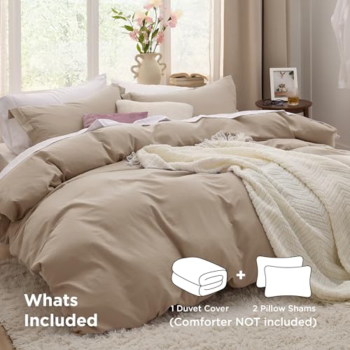 Bedsure Light Brown Duvet Cover Queen Size - 3 Pieces Prewashed Cotton-Like Extra Soft Bedding Set, Includes 1 Duvet Cover 90x90 Inches with Zipper Closure & 2 Pillow Shams, Comforter Not Included Bedsure