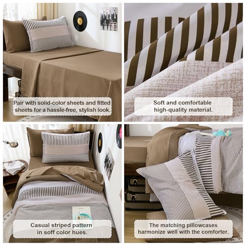Cottolester Brown Comforter Set Twin Size,Classic Striped Comforters for Girls,5 Pieces Bed in A Bag Simple Neutral-Style Bedding Sets for Kids Teen Cottolester