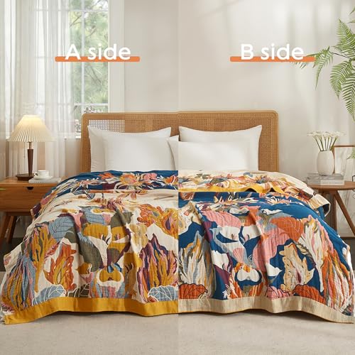Boho Throw Blanket for Bed 60”x80”, 100% Cotton Woven Blanket for Couch Sofa, Ultra Soft 4-Layer Muslin Quilt with Floral Printed, Farmhouse Bed Blanket/Cover for Living Room Decor SE SOFTEXLY