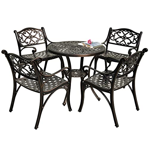 DWVO 5 Piece Outdoor Furniture Cast Aluminum Patio Dining Sets, All-Weather Patio Bistro Sets with 4 Chairs, 30 Inches Round Table with Umbrella Hole, Adjustable Feet for Balcony Backyard Dec - WoodArtSupply