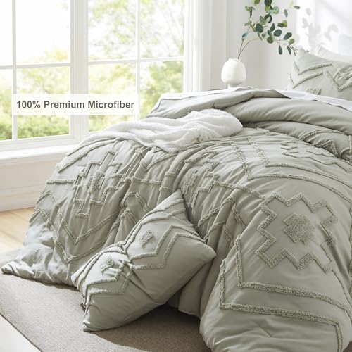 Oli Anderson Boho Tufted Comforter Set King Size, 3 Pcs Soft Jacquard Bedding Set for All Seasons, Shabby Chic Farmhouse Bedding Set with Comforters for All Seasons (Mist Sage, King) Oli Anderson