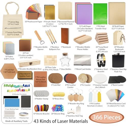 366PCS Engraving Material Box: DIY Materials to All Laser Engravers with Instructions - 43 Kinds of Laser Engraving Supplies Including Fabric, Metal, Wood, Acrylic, Rubber, PU Leather Lamnhin