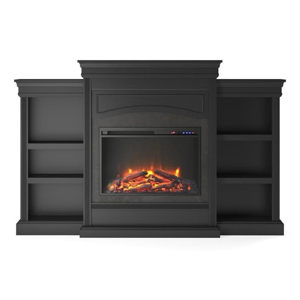 Ameriwood Home Lamont 69 Inch Electric Fireplace with Mantel, Shelves, Replaceable Fireplace Insert Heater, Remote Control, Timer, Realistic Log and Flame Effect, For Living Room or Bedroom, Black