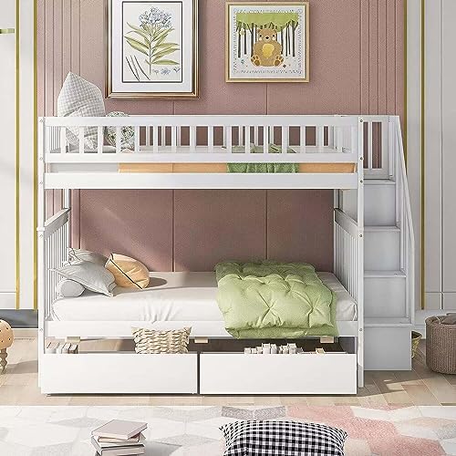 Harper & Bright Designs Stairway Bunk Bed Full Over Full, Wood Bunk Bed with Drawers, Solid Wood Detachable Bed Frame for Kids, Teens, Adults, White Harper & Bright Designs