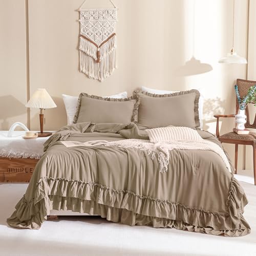 QSH 3PCs Light Taupe Ruffled Comforter Set Queen Size,Shabby Boho Chic Bedding Comforter Sets Queen, Ultra Soft Farmhouse Lightweight Microfiber Inner Fill Bed Comforter Set QSH
