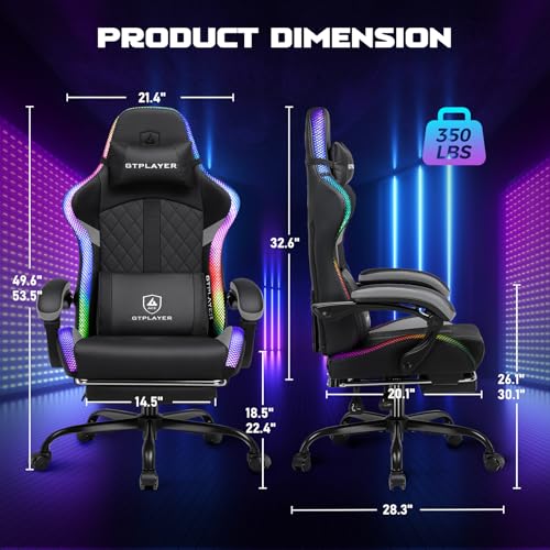GTPLAYER RGB Gaming Chair, Computer Gamer Chair with Footrest and LED Lights, PC Gamer Chairs for Adults, High Back Reclining Office Chairs, Linkage Armrest (Gray) GTPLAYER