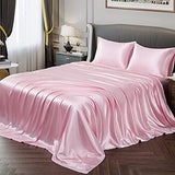Vonty Satin Sheets Twin Silky Soft Satin Bed Sheets Pink Sheet Set, 1 Deep Pocket Fitted Sheet + 1 Flat Sheet + 1 Pillowcases Vonty